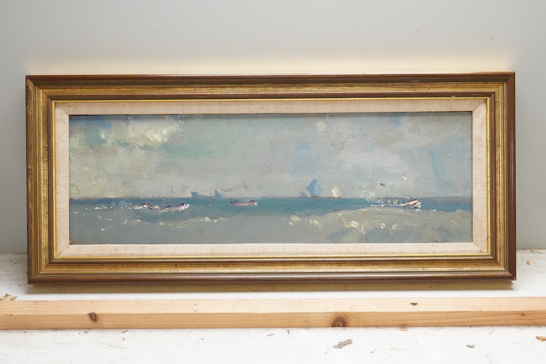 Geoffrey Chatten (b. 1938), Boats at sea, Impressionist oil on panel, inscribed verso, 17 x 40cm